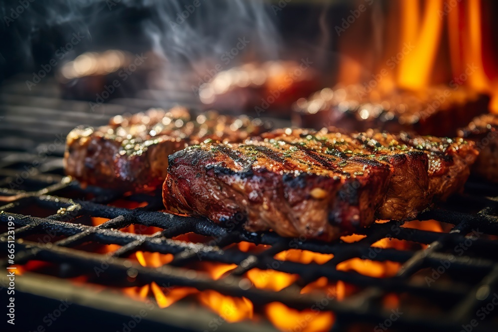Meat grilling on a charcoal grill with smoke rising.. Meat grilling on a charcoal grill with smoke rising..