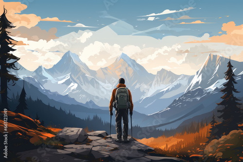 Traveler standing on top of a mountain, goal reached, active tourism and mountain travel, illustration