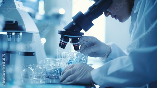A scientist conducts a research under a microscope. A chemical experiment. The development of biotechnology