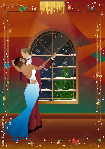 Party. A couple dances in front of a winter window. Holiday. Concept for holiday, winter holidays, New Year, Christmas, creativity and advertising
