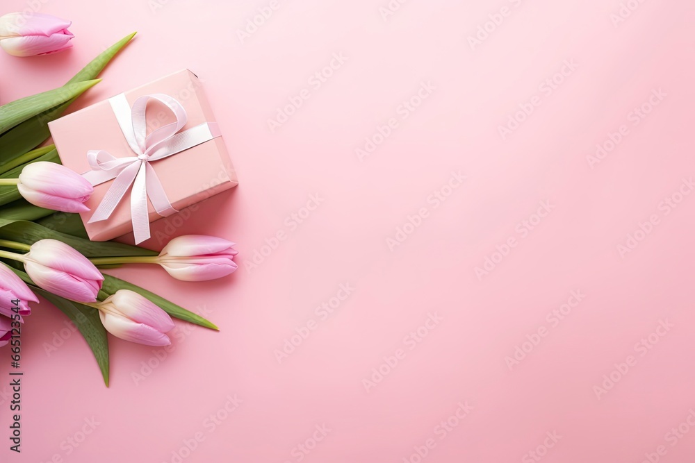 Pink gift box with ribbon bow and bouquet of tulips on isolated pastel pink background.