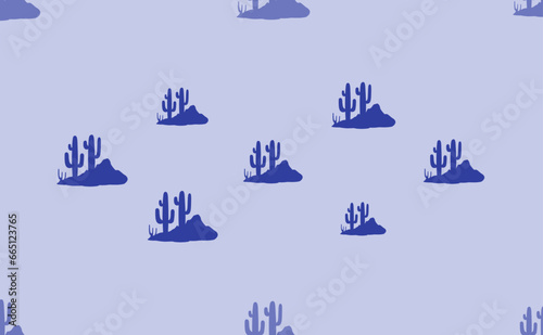 Seamless pattern of large isolated blue wild cactus symbols. The pattern is divided by a line of elements of lighter tones. Vector illustration on light blue background