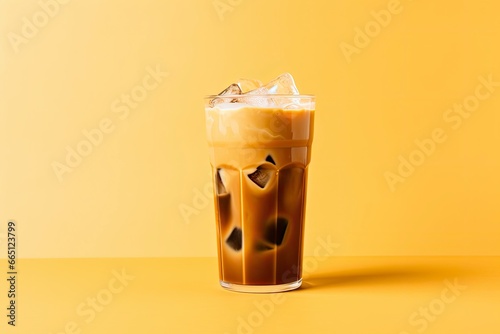 Iced Latte on yellow background. photo