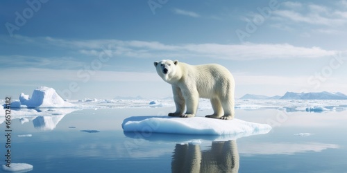 Polar bear on ice floe. Melting iceberg and global warming.