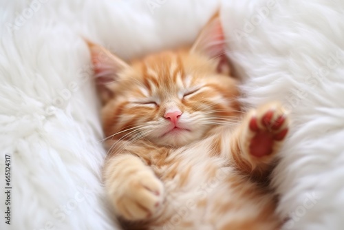 Red kitten, cat sleeping cute on white fur.