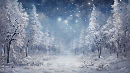  a painting of a snowy forest with stars in the sky.  generative ai © Olga