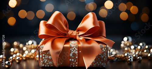 A close up shot of a festive gift box against Gift box with golden bow on bokeh lights background. Christmas gift box with ribbon on rad won with bokeh effect. Close-up gift in holiday wrapping.