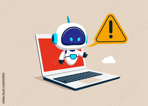 Robot with artificial intelligence says "exclamation attention sign". AI assistant support. Investigate incident and management, analysis. Vector illustration