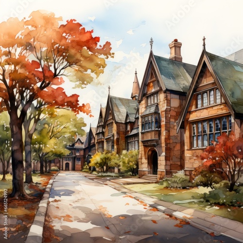  watercolor illustration of houses on a street in autumn in the suburbs