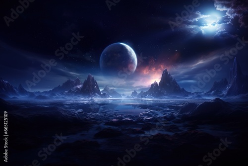 Galactic dreamscape of big moon over rocky mountain extraterrestrial land photo