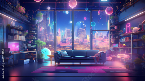 A dreamy neon room background, where delicate pastel neons cast soft glows against the dark room, creating a whimsical and serene ambiance amidst the high-tech setting