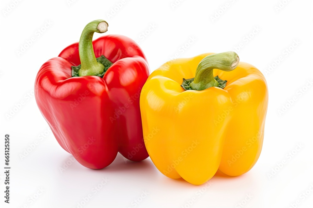 Two bell peppers, a red and a yellow isolated on white background. Two bell peppers, a red and a yellow isolated on white background.