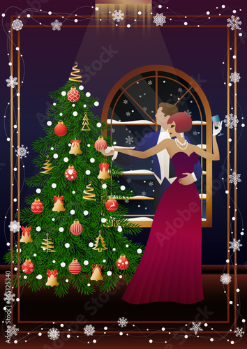 Happy loving couple having fun on New Year party near Christmas tree. Concept for holiday, winter holidays, New Year, Christmas
