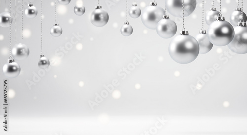Um elegante banner prateado decorado com bolas de Natal penduradas. photo