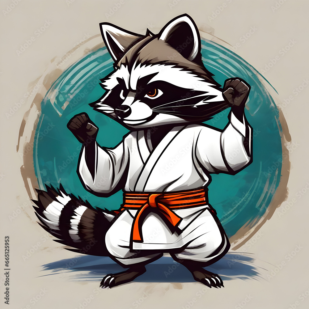 Karate raccoon, cartoon illustration. Generative AI