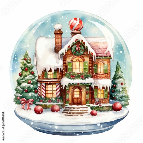 Winter Christmas festive holiday house with snow in the globe for T-shirt Design.