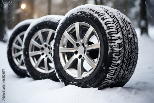 Wheels with winter tires, built to tackle snow and harsh conditions. © Наталья Лазарева