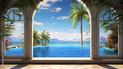  a painting of a pool and palm trees is shown through an open window.  generative ai