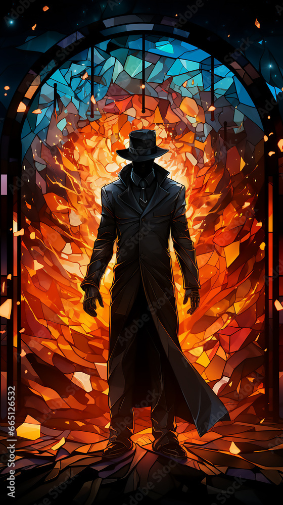 Abstract illustration of a man in a hat and coat on a stained glass background.
