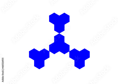 geometrische figur aus vier dreickformen jewieils basierend auf drei sechsecken blau gefüllt, modernes abstraktes design