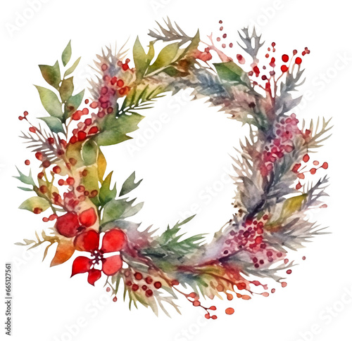 Watercolor illustration of a Christmas Wreath. Ai generated. Transparent background, PNG