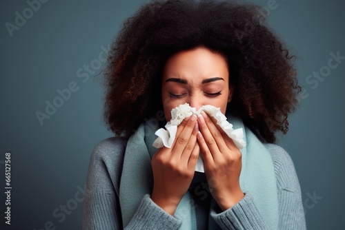 A woman is blowing her nose with a tissue created with Generative AI technology photo