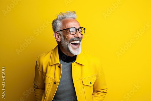 A man with glasses and a yellow jacket created with Generative AI technology