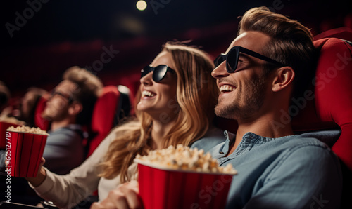 A happy couple on a date in a cinema watching a movie