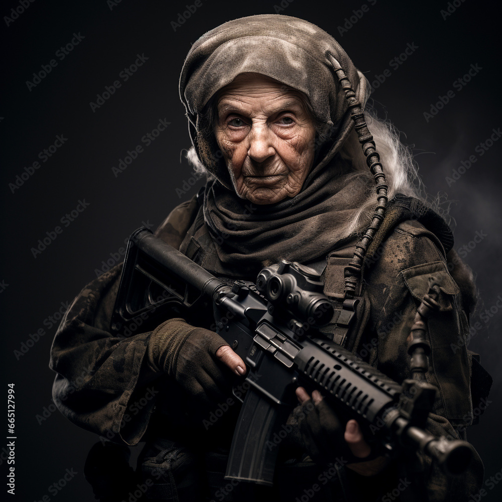 An old female soldier in a real battle in full armor. Black background. War.