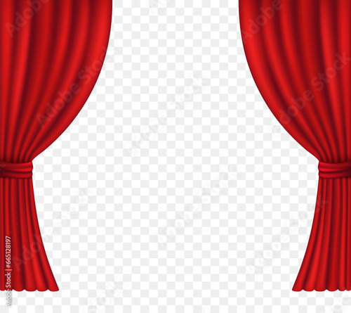 Red curtains. Vector chic drapes gathered on the sides. Vector clipart isolated on transparent background..