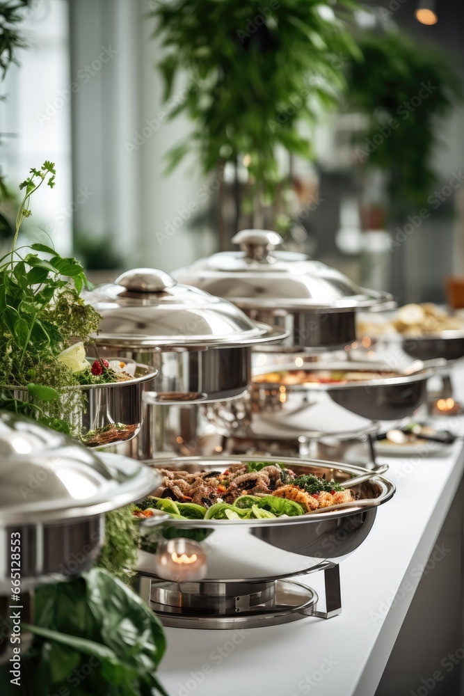 a luxury buffet of vegetarian dishes in a restaurant, stainless steel buffet ware with lid, white tables a luxury buffet of vegetarian dishes in a restaurant, stainless steel buffet ware with lid, white tables