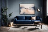 An intimate corner showcasing a Canvas Frame for a mockup in a modern living room with a dark blue sofa, lit solely by the soft glow emanating from a chic floor lamp beside