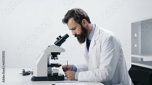 male scientist using a microscope in a white laboratory