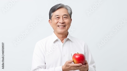 senior asian man holding a red apple on a white background