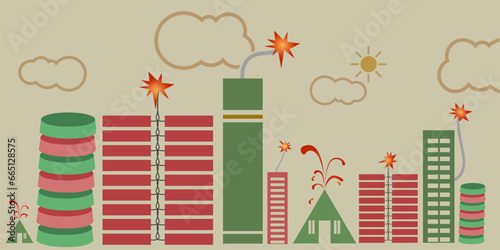 Firecrackers city vector illustration background. Safe Diwali, green diwali. photo