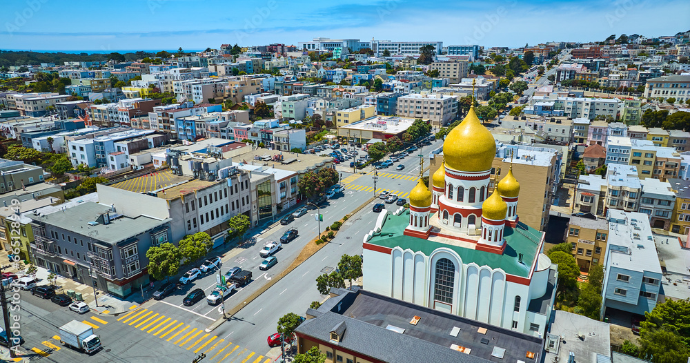 Aerial Russian orthodox church Holy Virgin Cathedral with city around it