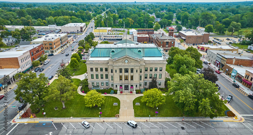 Entrance view in summer of Auburn courthouse aerial