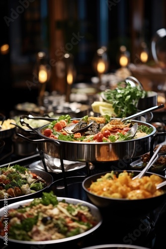 a luxury buffet of vegetarian dishes in a restaurant, stainless steel buffet ware with lid, white tables