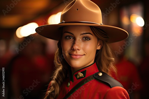 female canadian police woman uniform in red hat is smiling photo