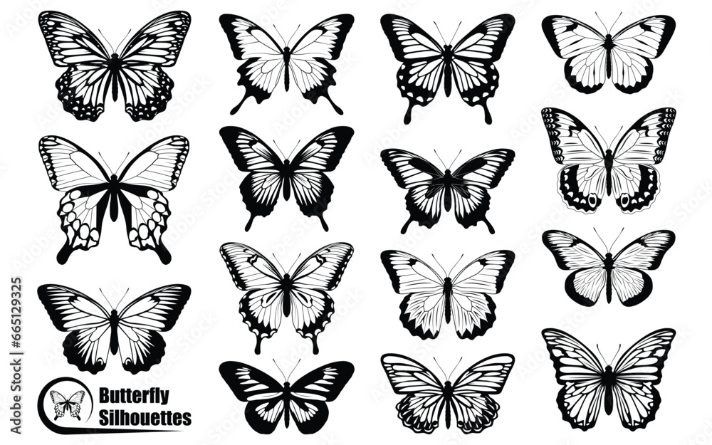Black monochrome Butterfly Silhouettes Vector art - obrazy, fototapety, plakaty 