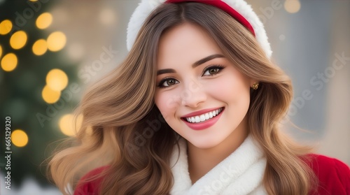 Portrait of a beautiful female model wearing a Santa hat.  Generative AI © Dreamy Pixel