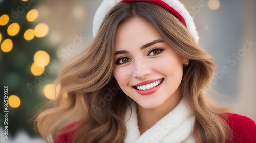 Portrait of a beautiful female model wearing a Santa hat. Generative AI