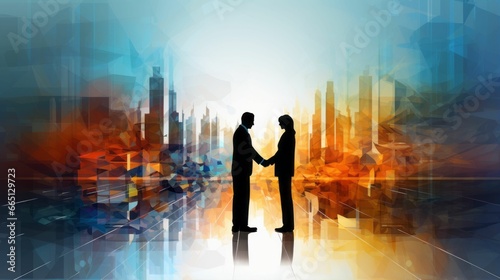AI generated illustration of two business partners shaking hands in agreement © Wirestock