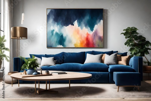 An evocative scene of a Canvas Frame for a mockup in a modern living room, where the dark blue sofa serves as the base for a cascade of soft, colorful throw pillows, adding vibrancy to the scene