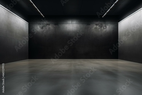 Empty gallery featuring a black wall and concrete floor. Generative AI
