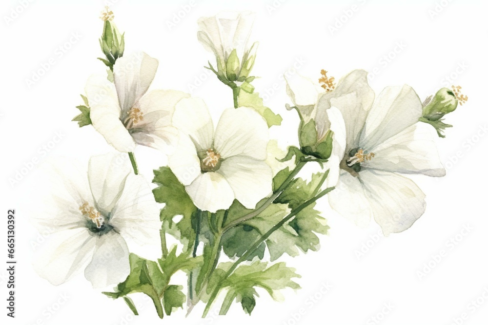 Delicate white watercolor illustration of musk mallow flowers. Generative AI - obrazy, fototapety, plakaty 