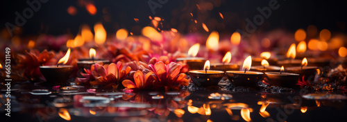 Diwali festival background, candles and flowers, Hindu festival of light. photo