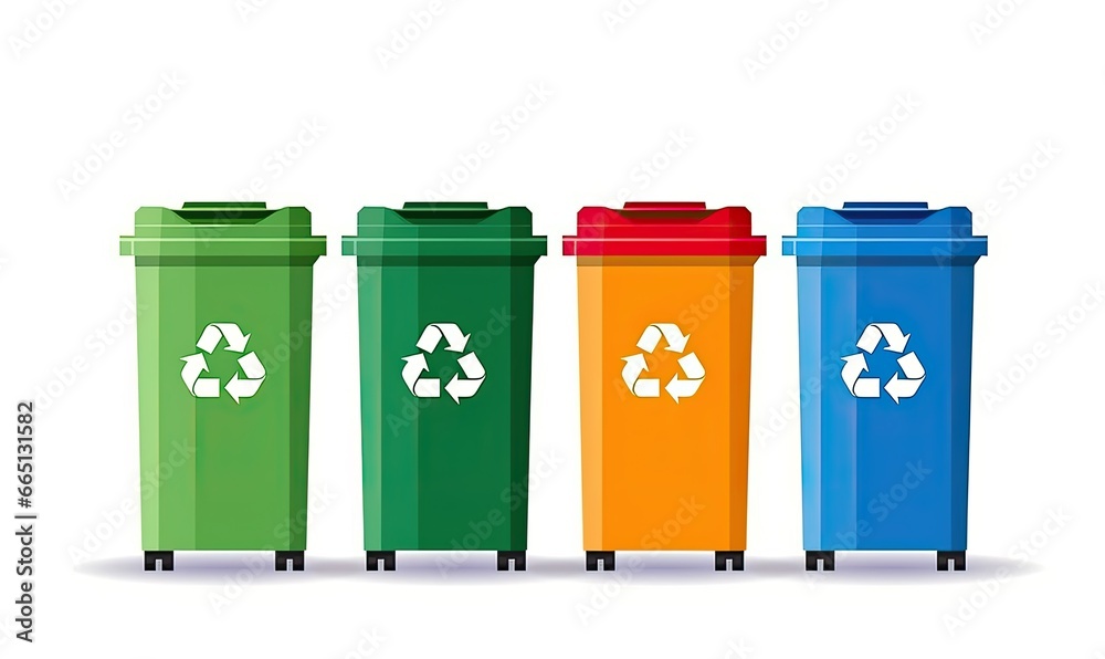 Zero waste concept, trash in recycling container, illustration of four waste containers with white recycle symbol on white background. Zero waste concept, trash in recycling container, illustration of four waste containers with white recycle symbol on white background.