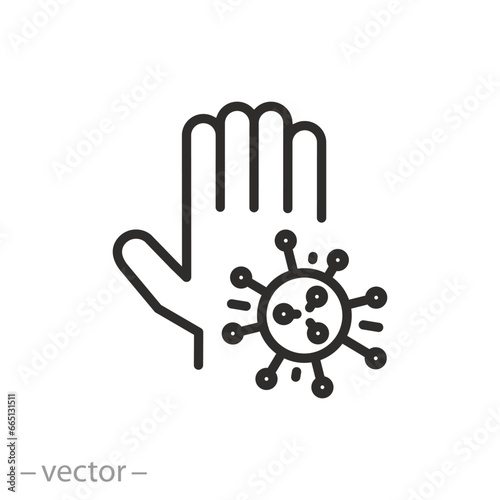 hand with virus icon, dirty hands, line symbol on white background - editable stroke vector illustration eps10