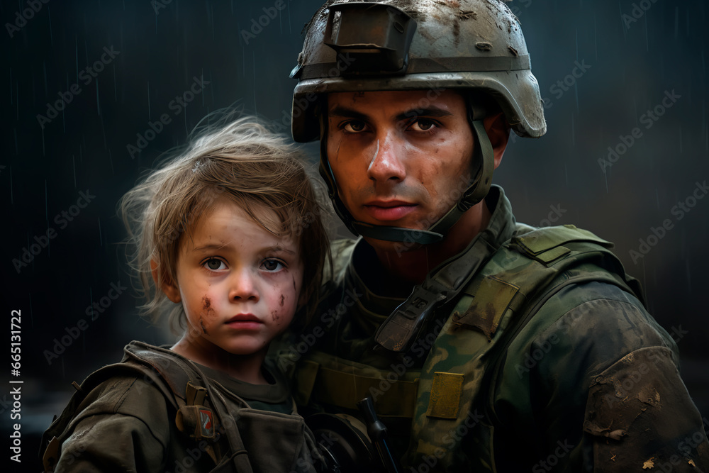 Portrait of a soldier and a child